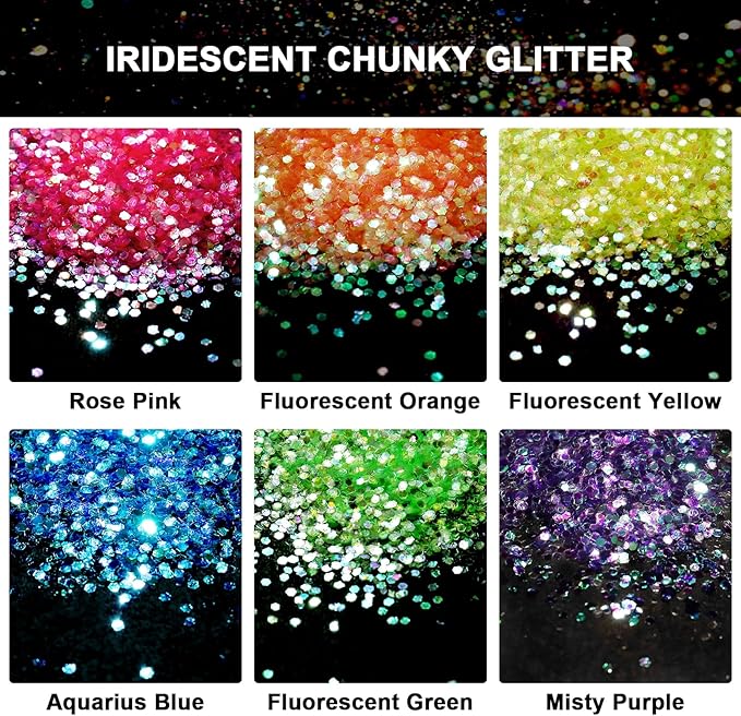 Ceya Bulk Chunky Glitter 6 Assorted Colors, 4.23OZ Each Jar Iridescent Crafts Glitter Set, 1/24” Medium Size Nail Sequins for School Classroom Art,DIY Craft Slime,Blue,Pink,Orange, Green,Yellow,Purple