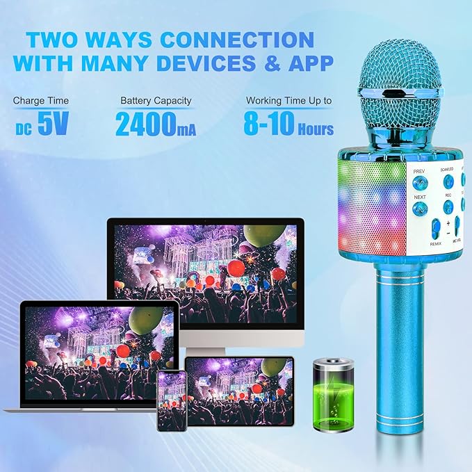 BlueFire 4 in 1 Karaoke Wireless Microphone with LED Lights, Portable Microphone for Kids, Great Toys for Kids, Girls, Boys and Adults (Blue)