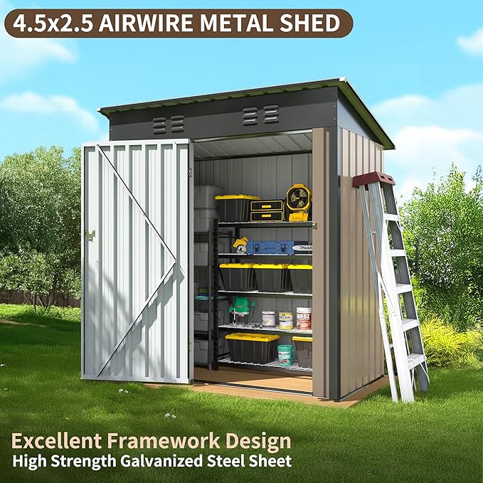 WKM 5x3 FT Outdoor Storage Shed, Utility Metal Tool Storage with Lockable Doors and Updated Frame Structure, Large Metal Garden Shed for Backyard, Patio Lawn,Brown
