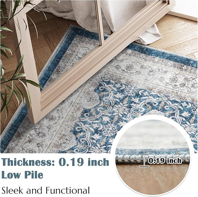jinchan Floral 6x9 Area Rugs for Living Room - Machine Washable Vintage Distressed Boho Design Throw Rug Stain Resistant Carpet Low-Pile Thin Non-Slip for Bedroom Dining Room Nursery (6‘x9',Dark Blue)