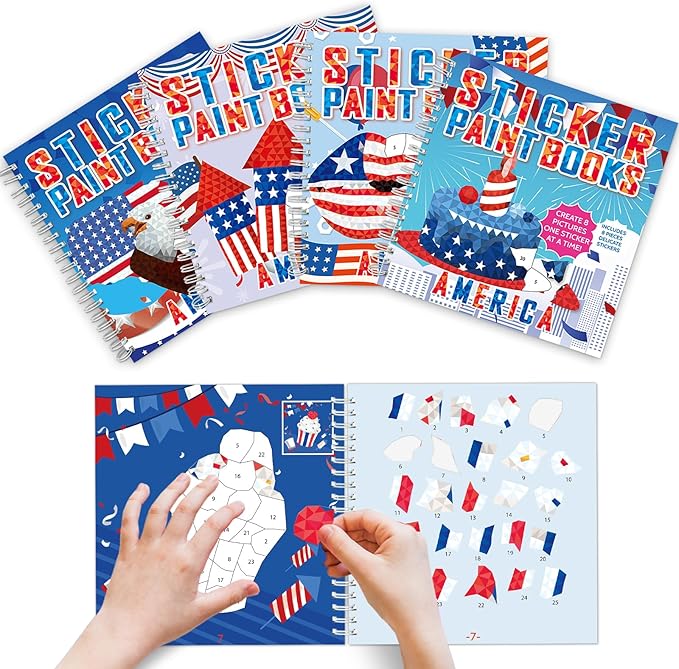 4Pcs Patriotic Paint by Sticker Books Sticker by Number Books Activity Book Puzzle Book Craft Art Gift Memorial Day 4th of July American Star 32 Pictures