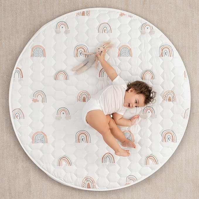Comfy Cubs Round Kids Play Mat - Medium 48 inches Soft Quilted Baby Floor Mat with Non-Slip Bottom - Plush Design for Toddlers' Playtime and Relaxation - Comfortable and Durable - Rainbow