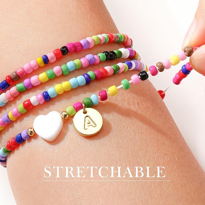 M MOOHAM 4PCS Initial Bracelets for Women Girls - Colorful Beaded Bracelet Heart Initial Bracelet for Women Stackable Layered Boho Bracelets Jewelry Gifts for Kids Teen Girl