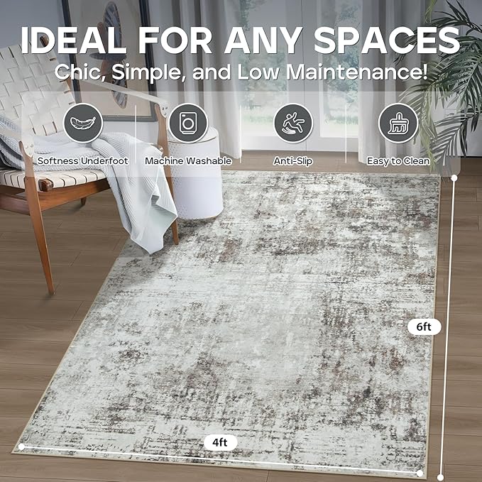 4x6 Area Rugs for Living Room Rug Washable: Modern Large Rug for Dining Room Bedroom Carpet Non Slip Low Pile 4 by 6 Indoor Abstract Nursery Home Office Brown Grey