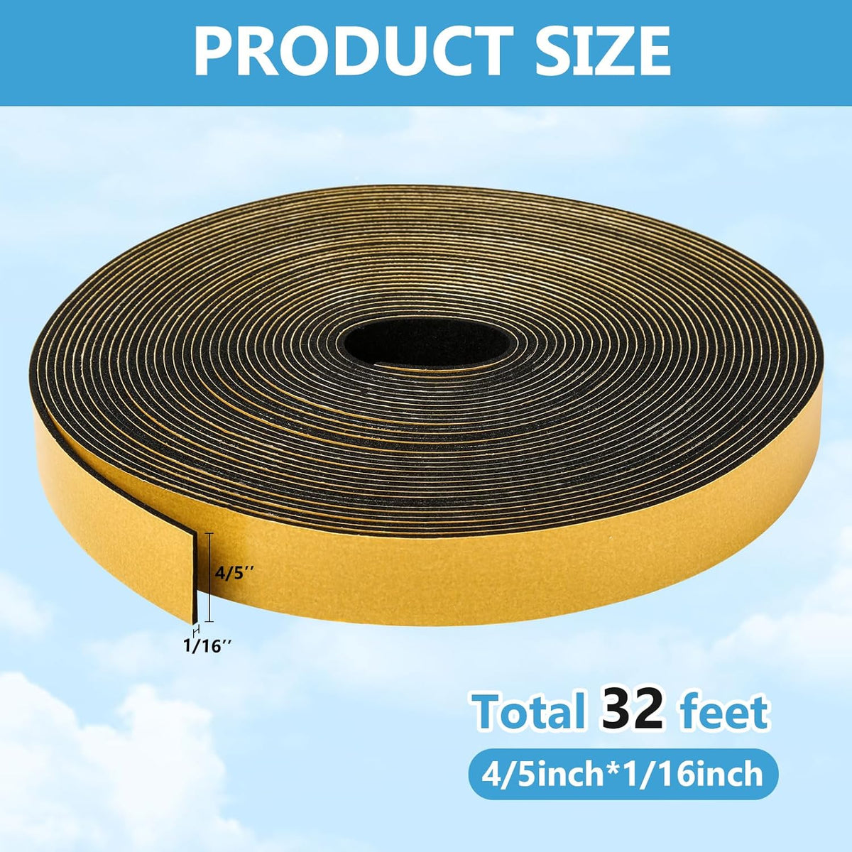 Black Weather Stripping Door Seal Strip (3/5 Inch X 1/16 Inch X 32Feet), Strong Adhesive, Lightproof, Soundproof, Weatherproof Foam Tape Insulation for Sliding Door, Front Door Frame, Windows