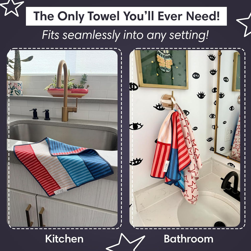 Microfiber Hand Towel & Washcloth Set of 2 - Double-Sided, Waffle Weave, Super Absorbent, Lint-Free, Fast Drying - Stars & Stripes Pattern for Bathroom, Kitchen, Car, and Window Cleaning