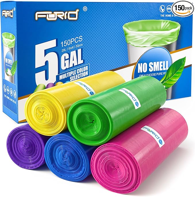 FORID Small Garbage Bags - 5 Gallon, Trash Can Liner for Home, Office, Bathroom, Bedroom, Waste Bin (5 Colors 150 Bags) - Durable & Thick Trash Bag Multi Colored