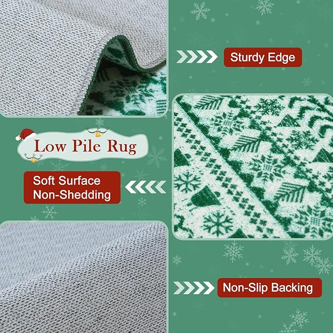 2025 Christmas Rugs for Entryway, 2x3 Washable Door Mat Indoor Entrance, Low Pile Soft Non Slip Green Kitchen Rug, Xmas Holiday Decor Floor Carpet for Bedroom Bathroom Laundry Bedside Sink
