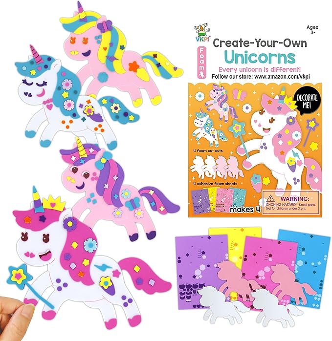 VKPI 4 Pieces EVA Foam Art Crafts Gift Kit, Make Create Your Own Unicorns, Cartoon Foam Paper Craft Projects for Kids Ages 4+ Toddler, Preschool Learning Toy for Birthday Party Favor Supplies