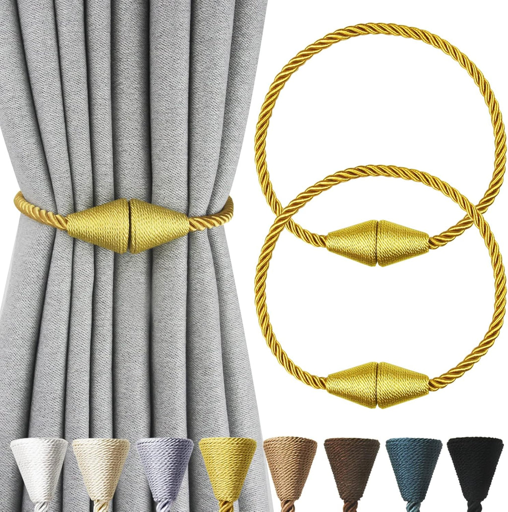 2 Pack Magnetic Curtain Tiebacks Rope Modern Handmade Curtain Tie Backs Decorative Drapes Weave Holdbacks for Window Décor, Gold