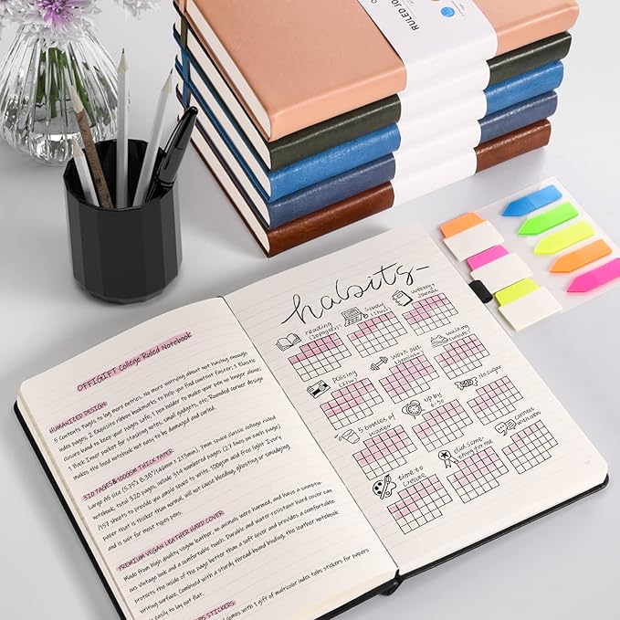5 Pack College Ruled Notebook, 312 Numbered Pages Thick Notebooks Bulk, 100gsm No Bleed Paper Hardcover Leather Journal, Lined Journal Notebook Set for Women Men School Office, A5, Multicolor