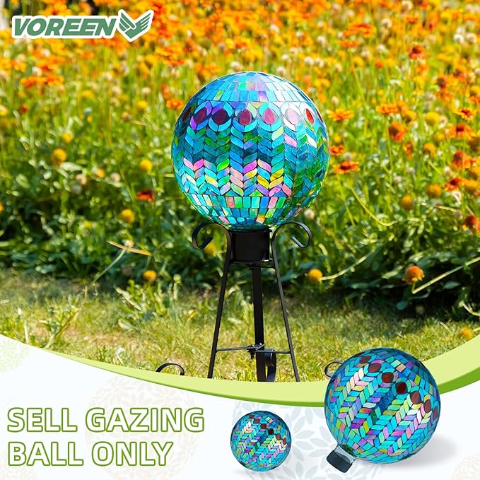 VOREEN Mosaic Glass Gazing Ball Outdoor Gazing Globe, Handmade Reflective Ball Yard Decoration for Homes, Patio, Lawn and Gardens, Gift for Mom Wife Friend, 10-Inch, Blue