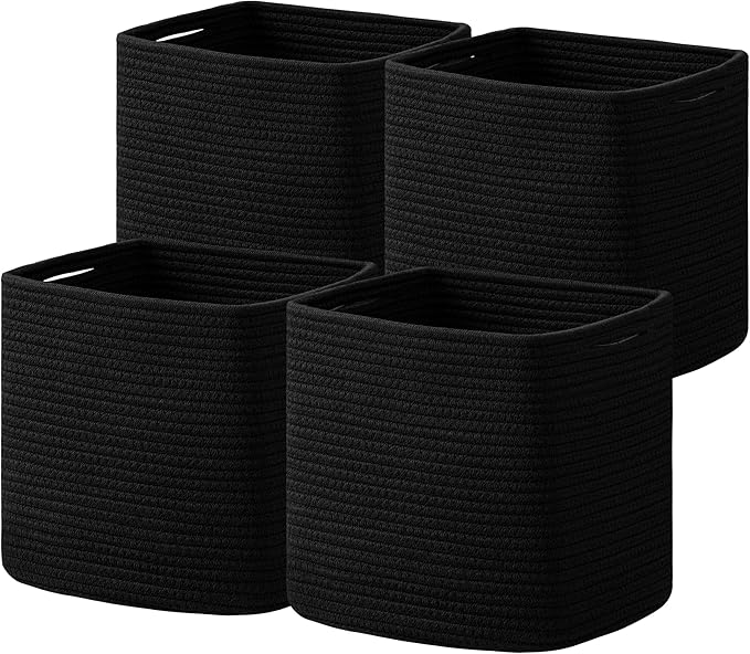 joybest Cube Storage Bins Set of 4, 13inch Cube Baskets Organizer for Nursery, Square Cotton Rope Baskets for Shelves Organizing, Kids Toy, Closet Storage, Black