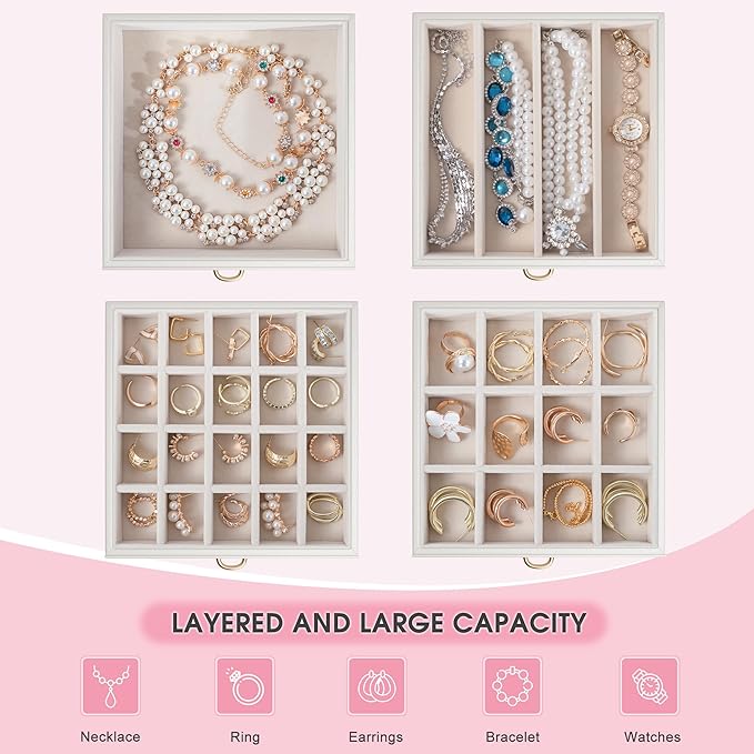 5-Layer Jewelry Box with 4 Drawers, Huge Portable Jewelry Organizer with Lock and Mirror for Women, for Necklace Ring Earring Bracelet Storage, Lockable Jewelry Case, White