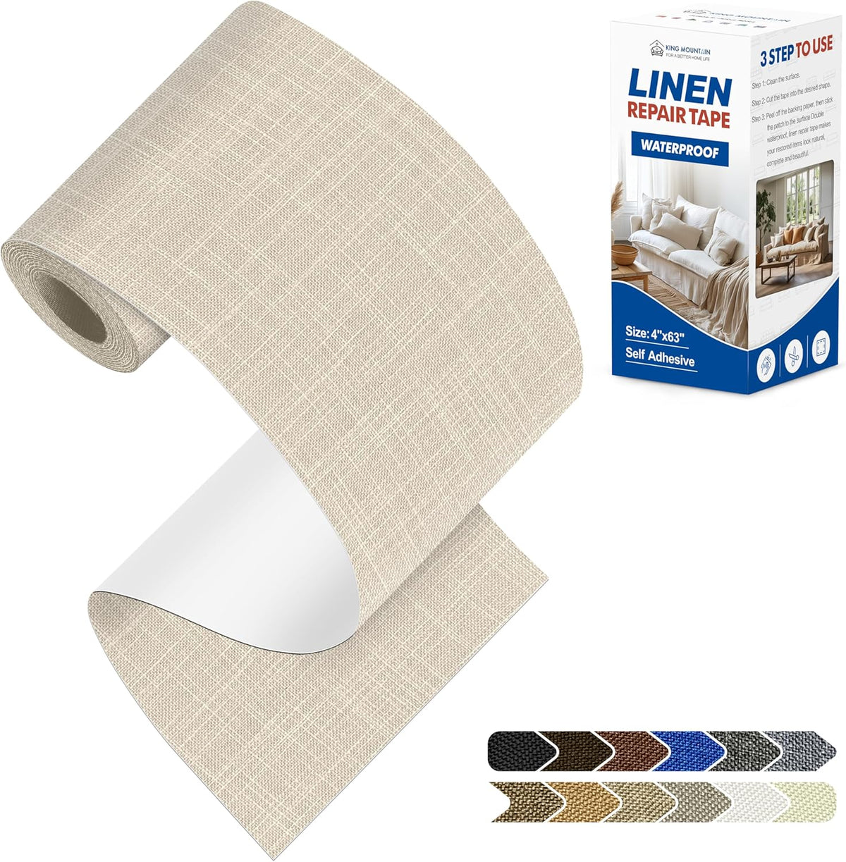 KING MOUNTAIN Linen Repair Patches, Self-Adhesive Linen Fabric Patches, 4 X 63 inch Extra Size, Multi Color, Can be Used for Linen Sofa Repair and Linen Clothes Repair (Cream-Gray2.0)