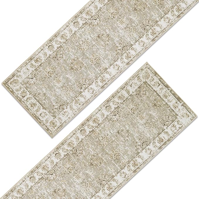 jinchan Runner Rug 3x10-2pcs Kitchen Washable Vintage Hallway Rug Floral Print Floor Cover Indoor Thin Retro Mat Accent for Bathroom Laundry Room Bedroom Office Farmhouse (Double,Taupe)