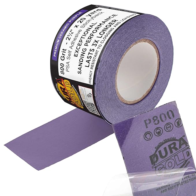 Dura-Gold Premium 800 Grit PSA Purple Film Ceramic Longboard Sandpaper, 2-3/4" Wide Continuous 20 Yard Roll - Self Adhesive Stickyback for Auto & Wood Air File Long Board Sanders, Hand Sanding Blocks