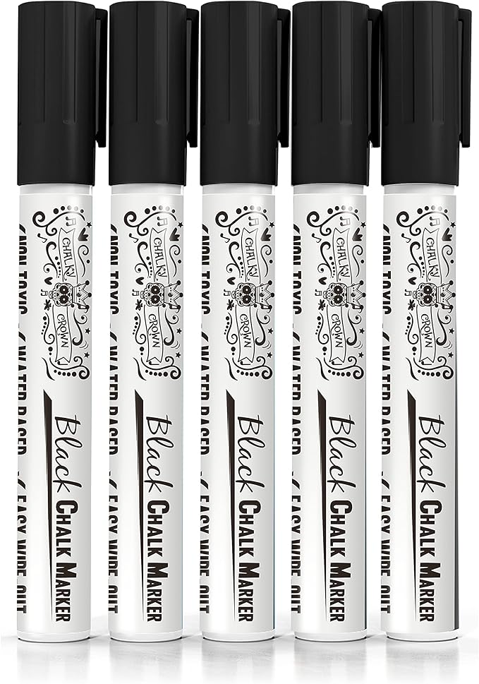 CHALKY CROWN Liquid Chalk Marker Pen - Dry Erase Marker - Chalk Markers for Chalkboard Signs, Windows, Blackboard, Glass - 6mm Reversible Tip (Black, 5 Pack)