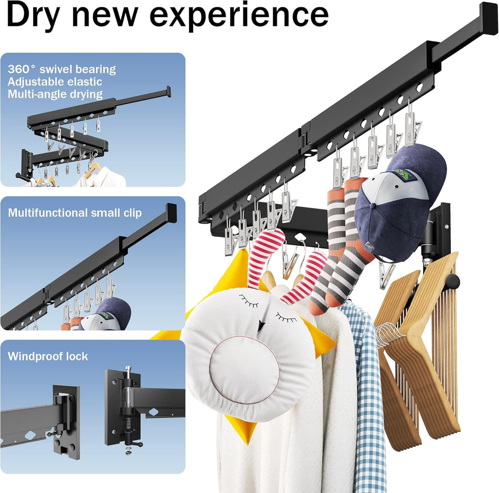 Wall Mounted Clothes Drying Rack - Retractable, Collapsible, Folding with Clips - Perfect for Laundry Room Organization