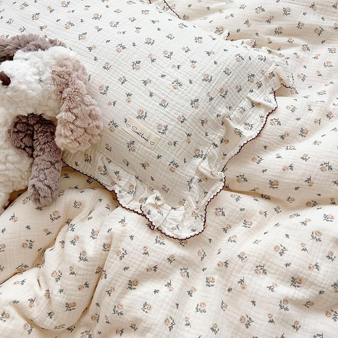 BuLuTu Cotton Muslin Kids Toddler Pillowcase with Cute Rose Flowers Super Soft Standard Nursery Pillowcase for Boys,Girls,Bedding Decor Machine Washable, Durable Pillowcase,1 Piece