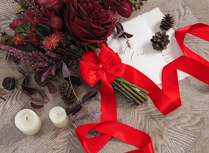 Red Satin Ribbon 1-1/2 Inch x 50 Yards Double-Faced Ribbons for Christmas Gift Wrapping Flower Bouquet Wedding Paper Bows Invitations Crafts