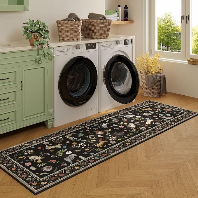 Rugcomf Runner Rug for Kitchen Non Slip 2'6''x8' Washable Rugs with Rubber Backing Soft Floral Animal Cat Carpet Runner for Kitchen Laundry Bedroom Bathroom, Black