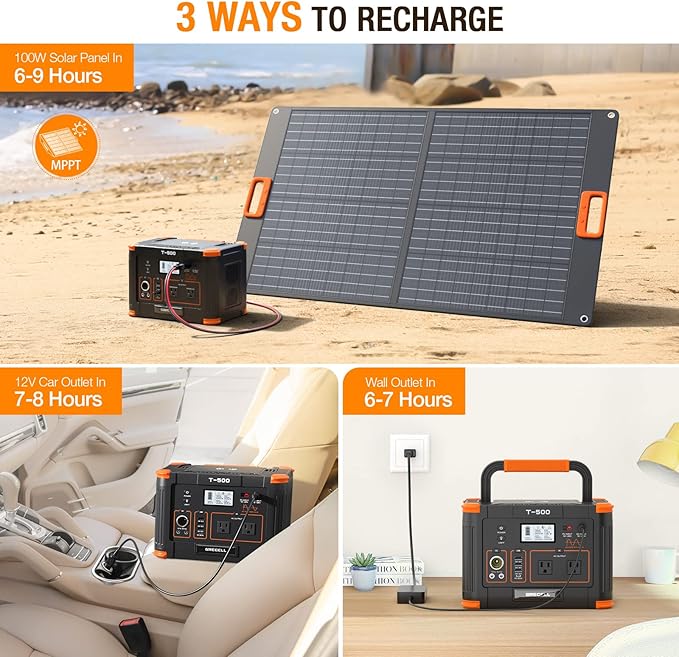 Portable Power Station 500W(Peak 1000W), 519Wh Outdoor Solar Generator Backup Battery Pack with 2 110V AC Outlets, 500W 10-Port Powerhouse for RV/Van Camping Fishing Climbing Road Trip Home Emergency