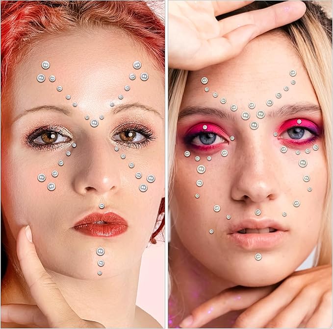 Self Adhesive Face Gems and Pearls for Makeup, Festival Jewels, Hair Gems Pearls, 3/4/5/6/8 mm Round Rhinestone Stickers for Face, Eye, Makeup, Body, Crafts 591Pcs (04_White Pearl)