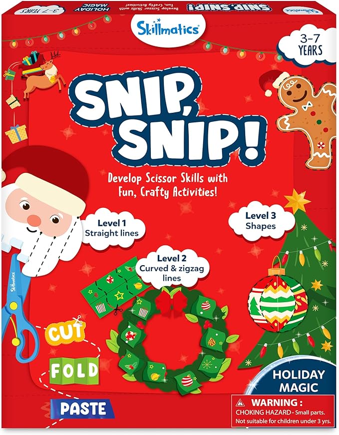Skillmatics Scissor Skills Activity Book - Snip Snip Christmas, 25 Fun Cutting & Creative Activities for Preschoolers, 2 Child-Safe Scissors, Felt Craft Kit, Gifts for Kids Ages 3, 4, 5, 6, 7