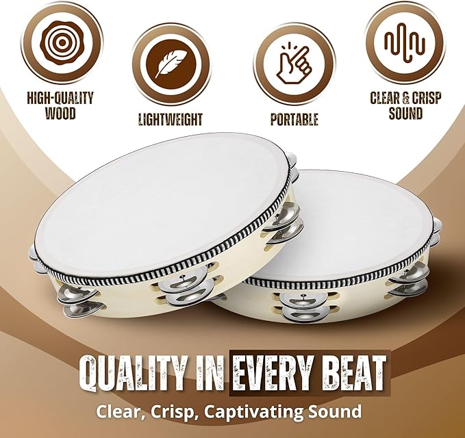Flexzion Handheld Tambourine - 8 & 6 Inch Set of 2 Pack, Double Row 12 Pair Metal Jingles, Percussion Drum Moon Musical Educational Instrument for Adults Classroom Gift Party (Wood)