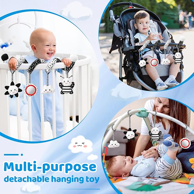 Car Seat Toys Hanging and Stroller Toys for Babies 0-6 Months，High Contrast Baby Toys for Newborn 0 3 Months Brain Development,Black and White Baby Toys for Crib Mobile，Infant Ideal Gift