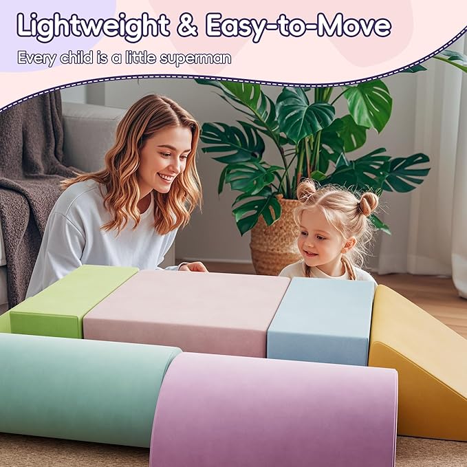 6 Piece Foam Climbing Blocks for Toddlers, Baby Climbing Gym with Ultra High Density Foam for Crawling and Sliding, Indoor Soft Play Set for Infant, Babies & Kids (Multicolor A, 6-Piece)