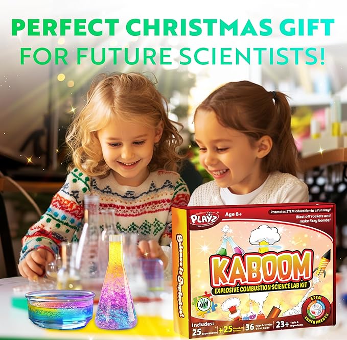 Playz Kaboom! 50+ Explosive Science Experiments Kit for Kids Age 8-12 with 25 Playz Lab Token Experiments - Chemistry Set STEM Learning & Educational Toys & Gifts for Boys, Girls, Teenagers & Kids