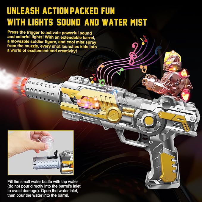 Light Up Toy Gun with Sound Effects & Spray for Ages 3, 4, 5, 6, 7+ Boys - Unique Barrel Telescopic Action - Ideal Halloween Christmas Birthday Gift for Toddlers Kids (Batteries Not Included)