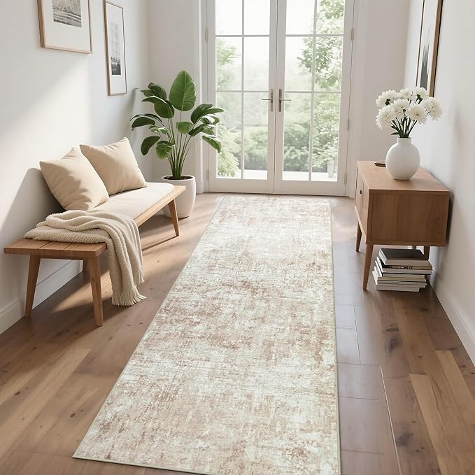 Runner Rug for Hallways Kitchen 2'6"x8' Washable, Non Slip Carpet 8ft Area Rugs Entryway Rubber Backed 8 Feet Neutral Abstract Modern Low Pile Indoor Beige