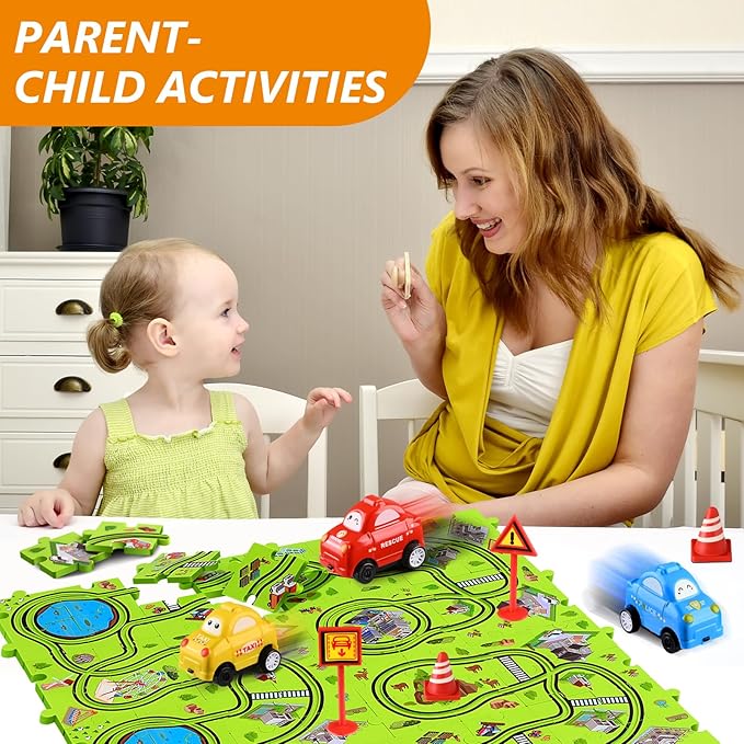 64 PCS Puzzle Race Track Car Set: Toddlers Kids Boys Girls Toys & Gifts for 3 4 5 6 Year Old | Puzzle Tracks Car Toys | with 3 Small Cars Toy and Roadblocks | Play & Learn Toy | Kid for Ages 3-5 4-6