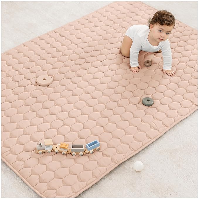 Comfy Cubs Rectangle Kids Play Mat - Medium 48 x 72 inches Soft Quilted Baby Floor Mat with Non-Slip Bottom - Plush Design for Toddlers Playtime and Relaxation - Comfortable and Durable - Blush