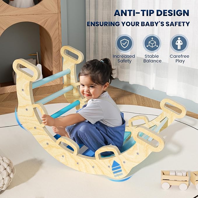 BlueWood 2025 8-in-1 Pikler Triangle Climbing Set Toddler Toys Indoor Baby Jungle Gym Climber Playground for Kids - Sky Blue