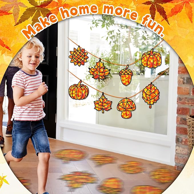 32 Sets Fall Thanksgiving Suncatchers Craft Kit DIY Window Stained Glass Effect Autumn Harvest Paper Crafts Home School Classroom Decoration Kid Birthday Gift Creative Art Project Activity Game
