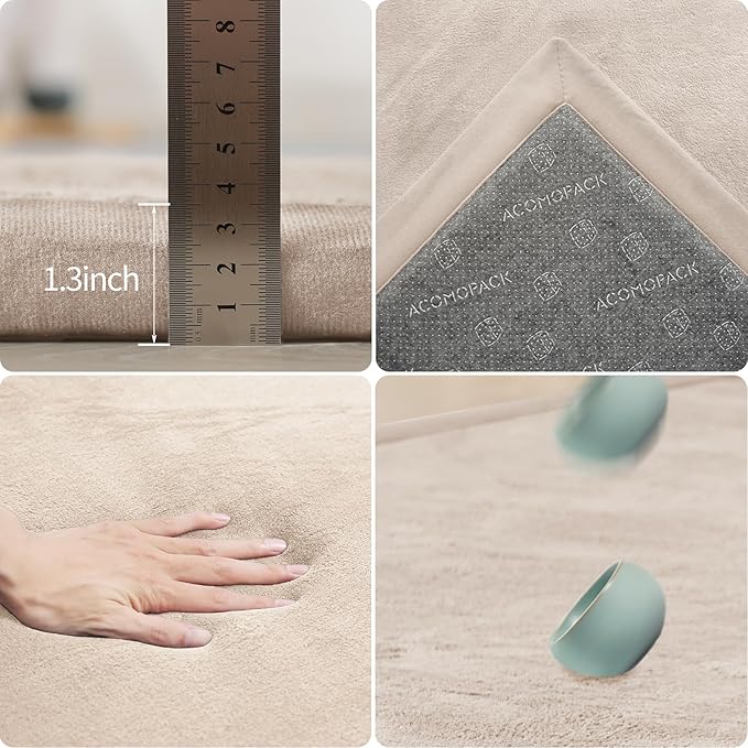 ACOMOPACK Baby Play Mat for Floor 1.3" Thick Memory Foam Play Mat 71"×79" Tummy Time Crawling with Non-Slip Bottom for Living Room,Nursery,Soft Velvet Playpen Mats for Kids,Infants（Beige）