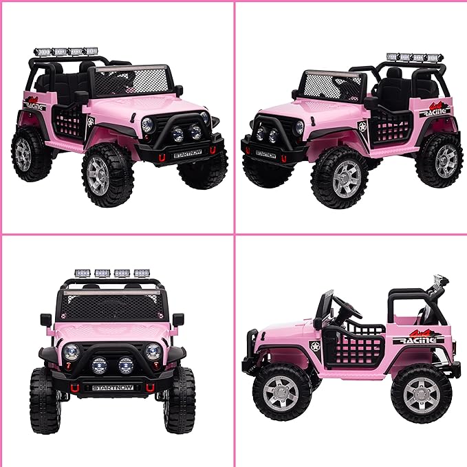 24V 4WD Ride on Truck Car w/800W Motors, Gift Flower, Remote Control, 2 Seaters, Light Bar, 3 Speeds, Pop Music, Power Four Wheels, 25 Volt Ride on Toy Car for Big Kids, Pink