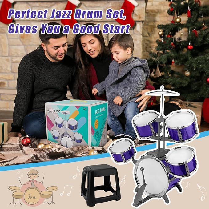 Kids Jazz Drum Set Rock Kit Toys for 3-7 Year Olds - 5 Piece Toddler Band Musical Instrument Educational Percussion Birthday Playset