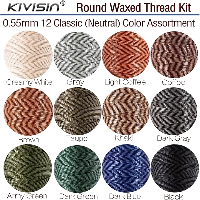 Round Polyester Waxed Thread 0.55mm, 12 Neutral Colors 76 Yards/Spool Wax Coated String Thin Cord for Leather Upholstery Sewing, Stitching, Bookbinding, Beading, Micro Knotting and Braiding