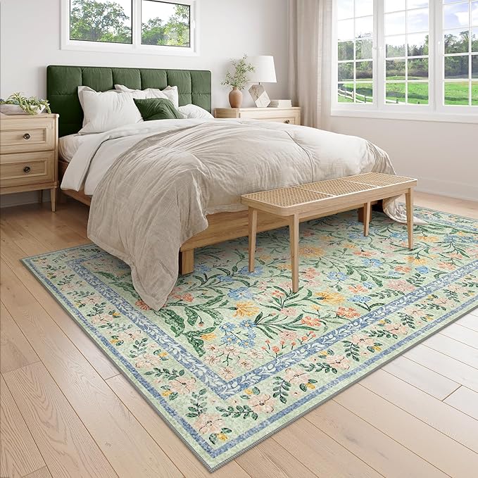 Wonnitar Machine Washable 5x7 Area Rug, Boho Floral Rugs for Living Room Non-Slip, Soft Pink and Green Flower Ultra-Thin Non Shedding Carpet for Bedroom Dining Room Nursery
