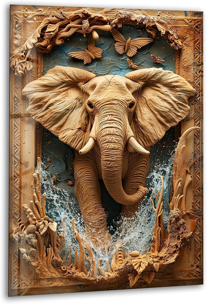 My Photostation.com 27Wx43H'' Elephant Carving Glass Wall Art Tempered Glass Printing Wall Decor Large Wall Art Wall Hangings