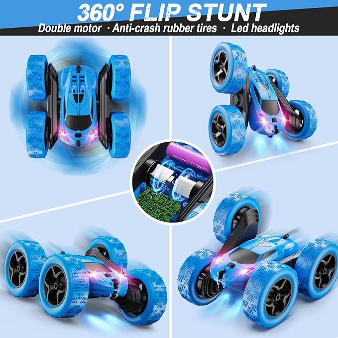 Remote Control Car, RC Cars Toys for Kids Ages 6-12, 4WD Stunt Car with LED Lights & 360° Flips, 2.4GHz, Upgraded USB-C Modular Batteries, 8-10 Year Old Boys Birthday Gift 1-Blue