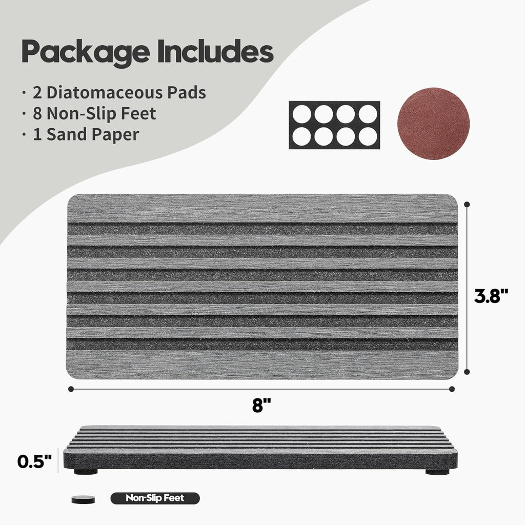 2PCS Diatomite Quick Stone Drying Tray Mat For Bathroom & Kitchen Counter, Instant Dry Water Absorbent Drink Bar Coaster,Vanity Sink Caddy Organizer,Dish Soap Sponge Holders, Charcoal,8"x3.8"