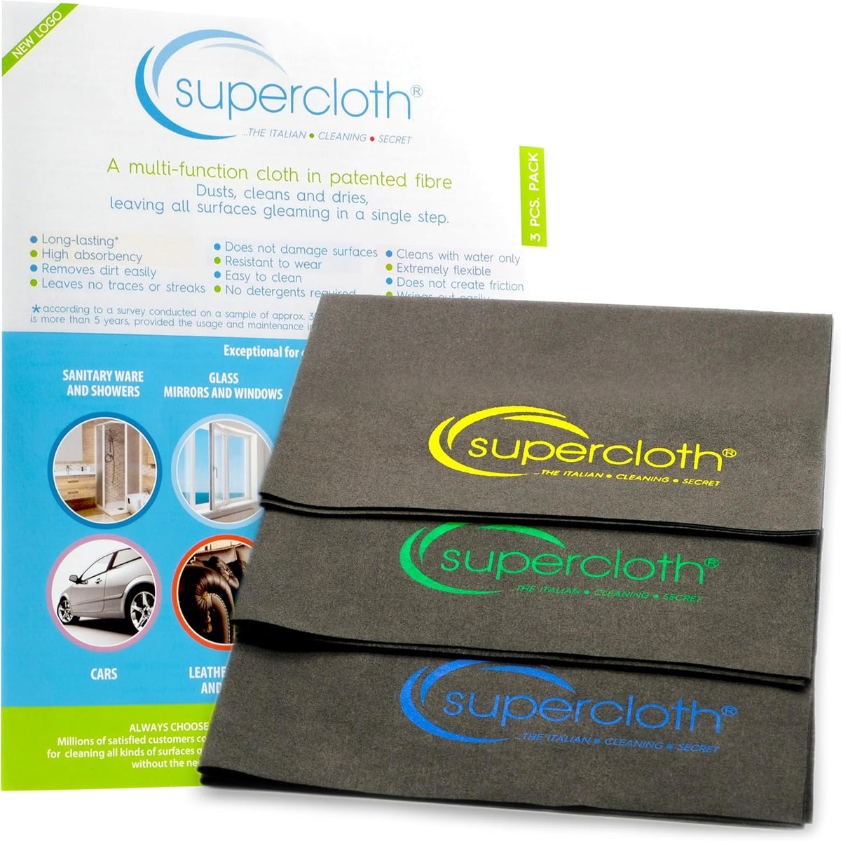 Supercloth® Premium Microfiber Cleaning Cloth for All-Purpose, Lasts Over 5 YEARS, Glasses Cleaning Cloth, Microfiber Cleaning Cloth for Cars, Magic Reusable Cloth Streak-Free 100% Made in Italy (3pk)