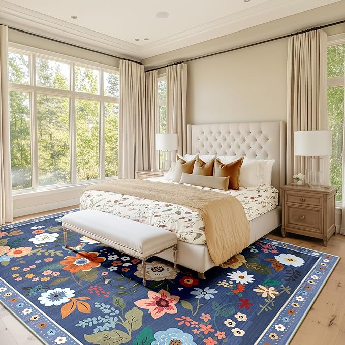 Floral 8x10 Area Rug Machine Washable Soft Print Boho Carpet Non Slip Doormat Low Pile Flower Area Rugs for Living Room Bedroom Nursery Kitchen Dining Room Indoor-Blue/Grey