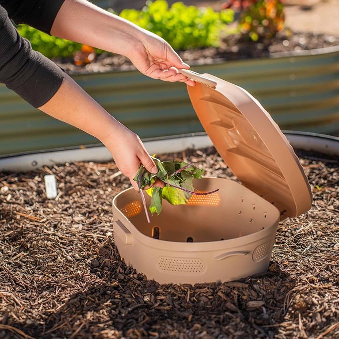 Vego Garden In-Ground Worm Composter Outdoor Farm Compost Bin 7 Gallons BPA-Free Composting System for Raised Garden Beds Tawny Brown, Twin Pack